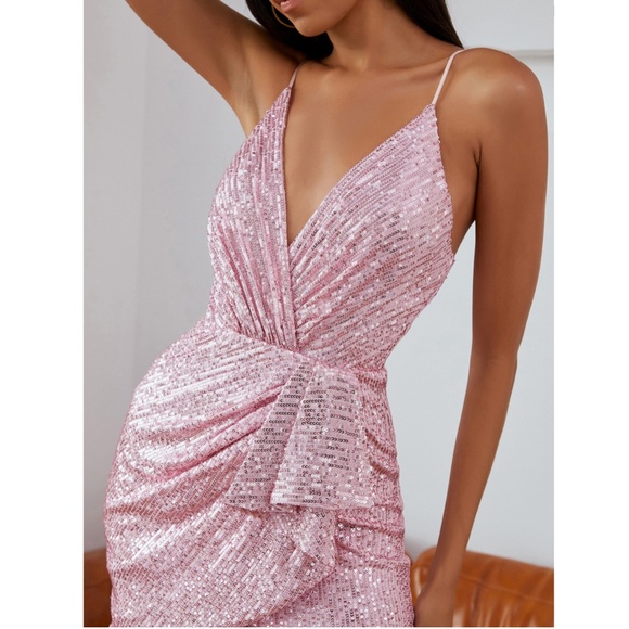 Deep V Pink Sequin Draped Mini Dress - Picture 7 of 15
